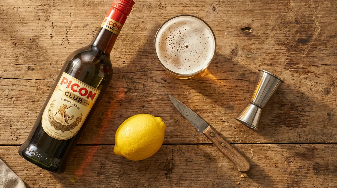 Vue de dessus des ingrédients pour préparer un Picon Bière : bouteille, bière, citron et doseur.