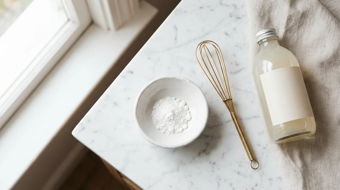 Ingrédients pour la recette maison éclaircissante à la vitamine C et au shampoing.