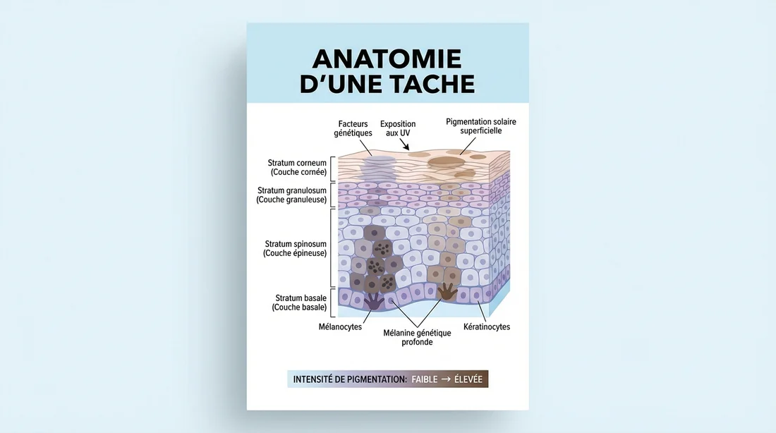 Schéma de l'épiderme montrant la mélanine profonde et les taches solaires en surface