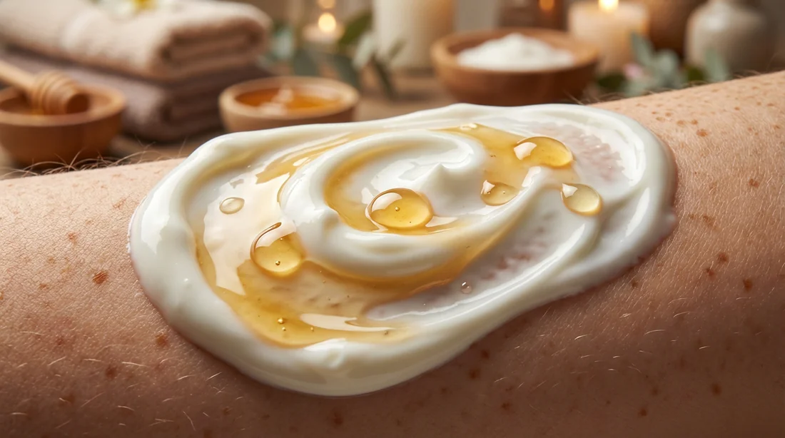Texture d'un masque naturel au yaourt et miel sur une peau pigmentée