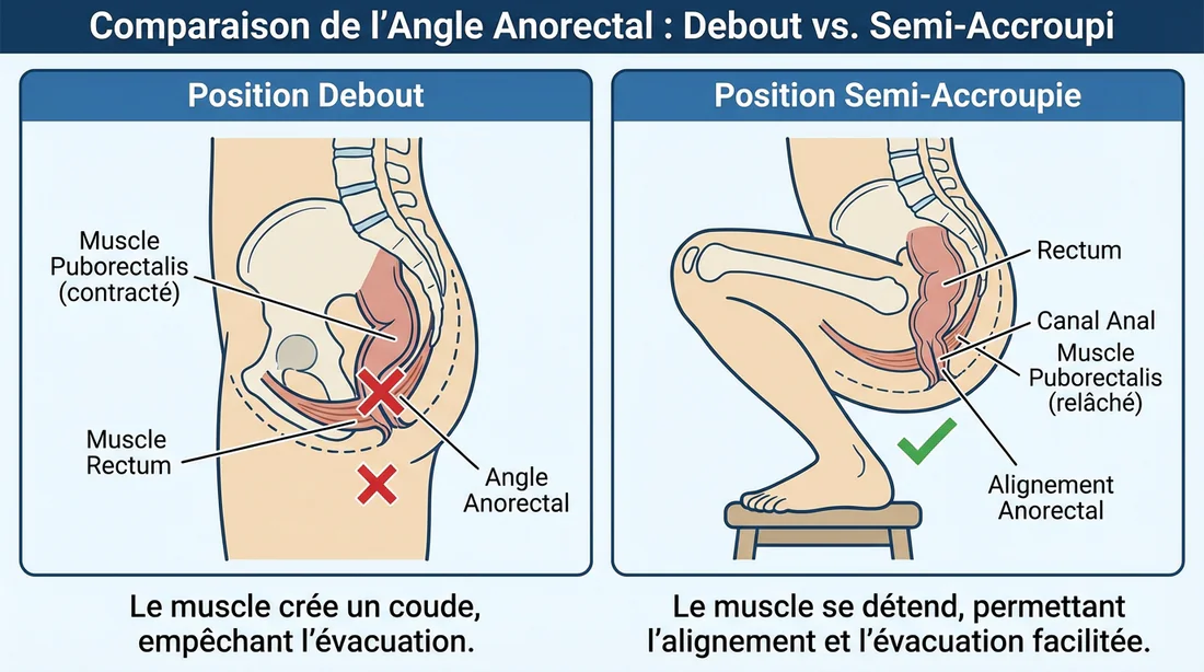 Schéma médical de l'angle du rectum et du muscle puborectal en position debout vs squat.