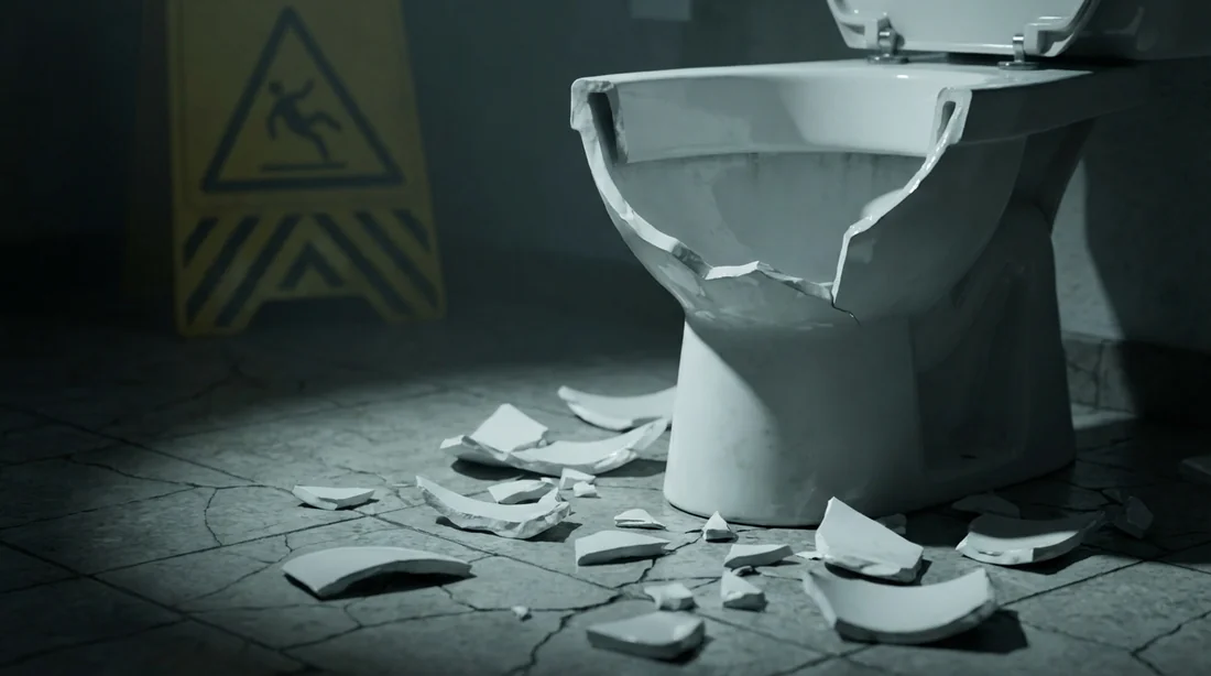 Toilettes en céramique brisées illustrant le danger de mort par coupure.