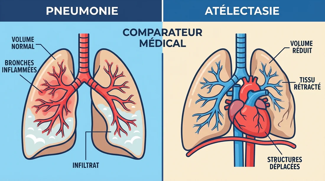 Schéma comparatif entre la pneumonie et l'atélectasie (condensation non rétractile vs rétractile).