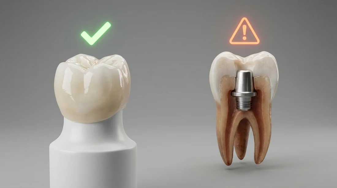 Comparaison des risques entre une couronne lisse et une dent pointue avec pivot.