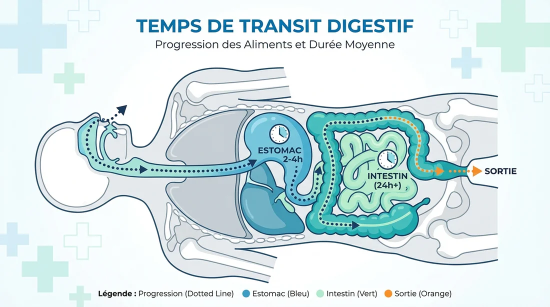 Schéma anatomique montrant les étapes du trajet d'une dent dans le système digestif.