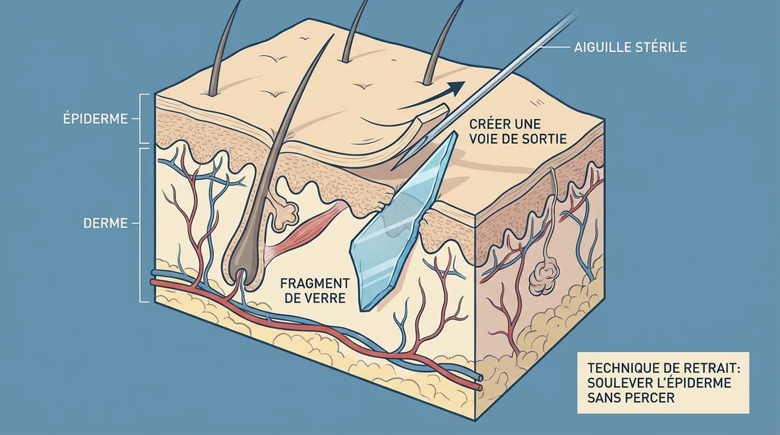 Schéma médical montrant l'utilisation d'une aiguille pour libérer un débris de verre sous la peau