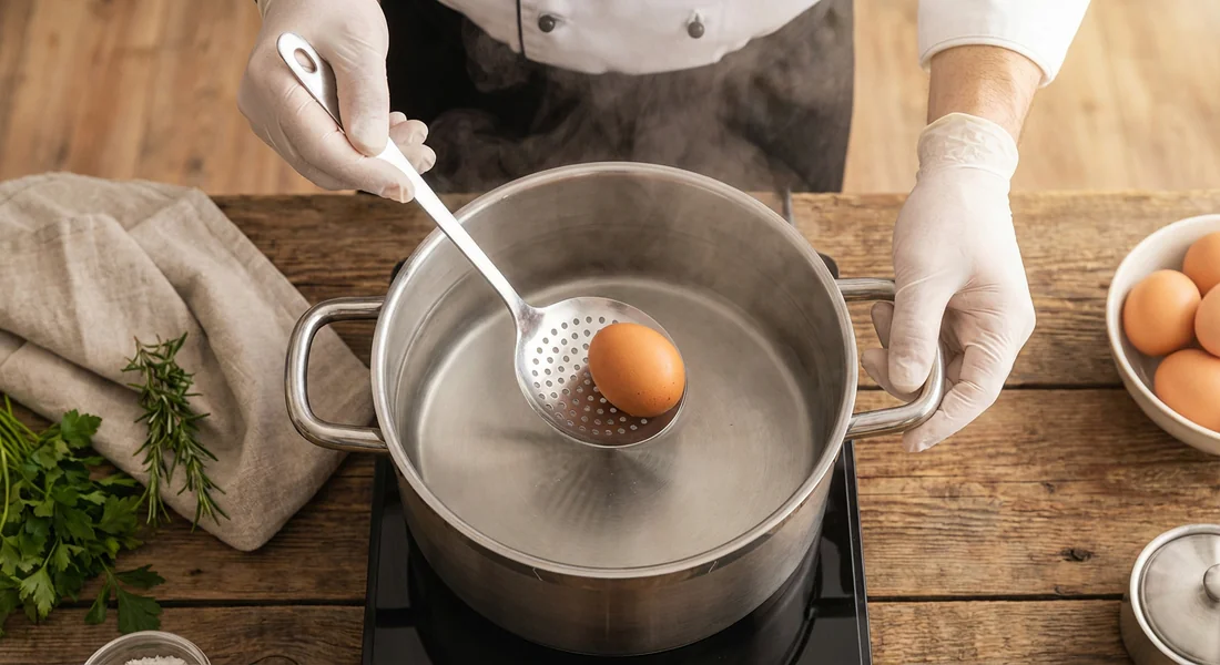 Chef déposant délicatement un œuf dans l'eau chaude.