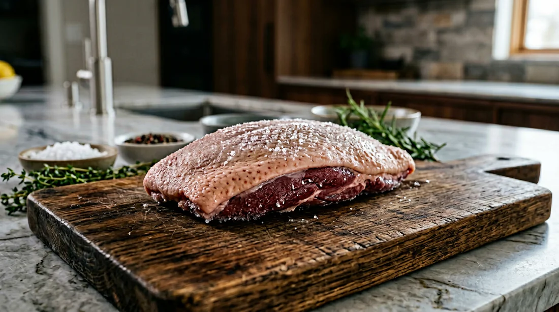 Décongélation lente d'un magret de canard sur une assiette au réfrigérateur