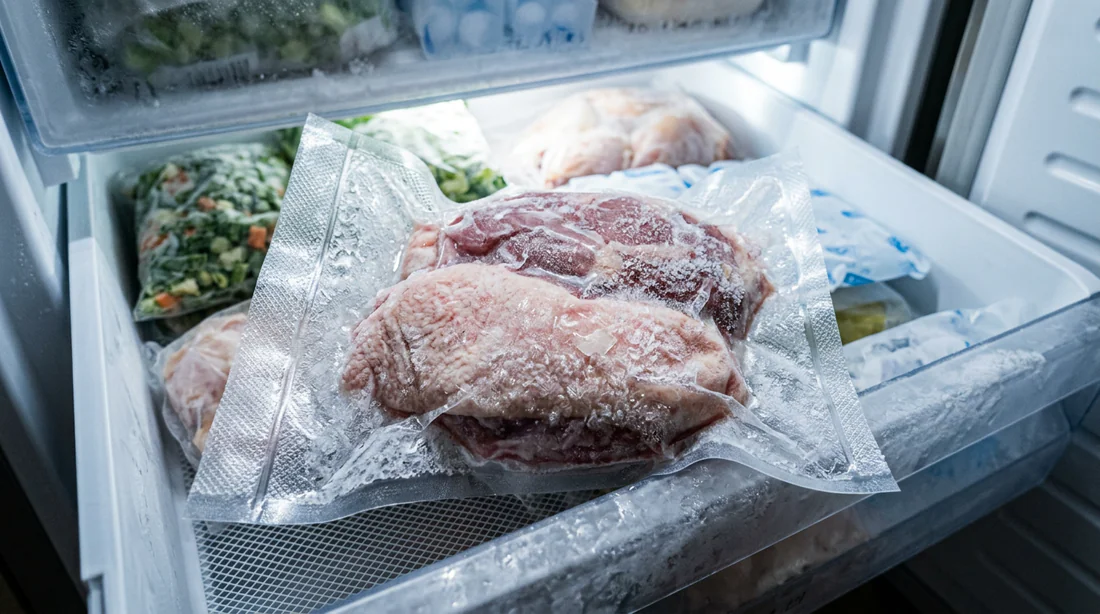 Magret de canard sous vide couvert de cristaux de glace dans un congélateur