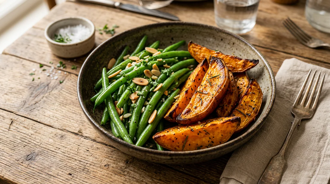 Accompagnement sain de haricots verts et patates douces rôties pour remplacer les frites.