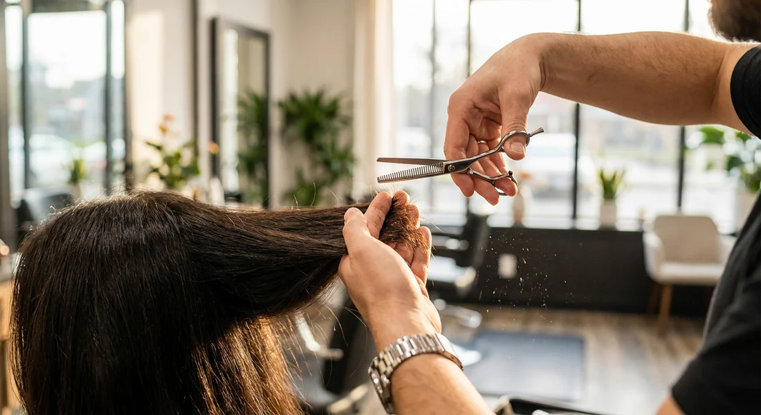 Coiffeur utilisant une technique de désépaississement en salon