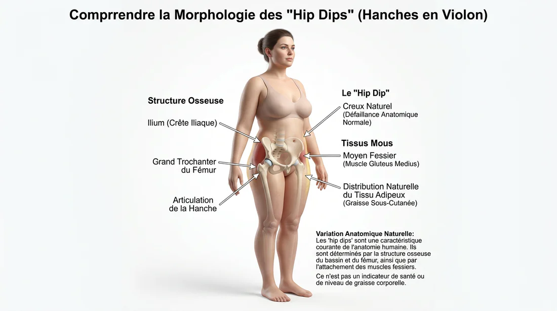 Infographie expliquant la morphologie naturelle et la structure osseuse des hanches