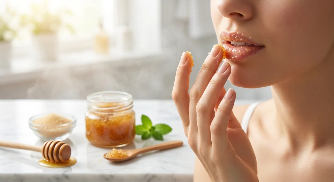 Application d'un gommage naturel au miel et au sucre sur les lèvres