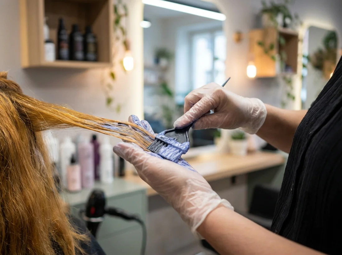 Application d'un soin neutralisant bleu sur des mèches orange.