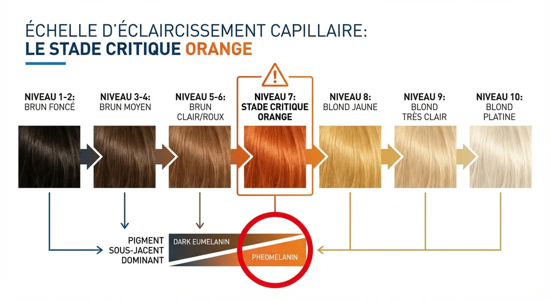 Schéma technique de l'échelle de décoloration et des sous-tons orangés.