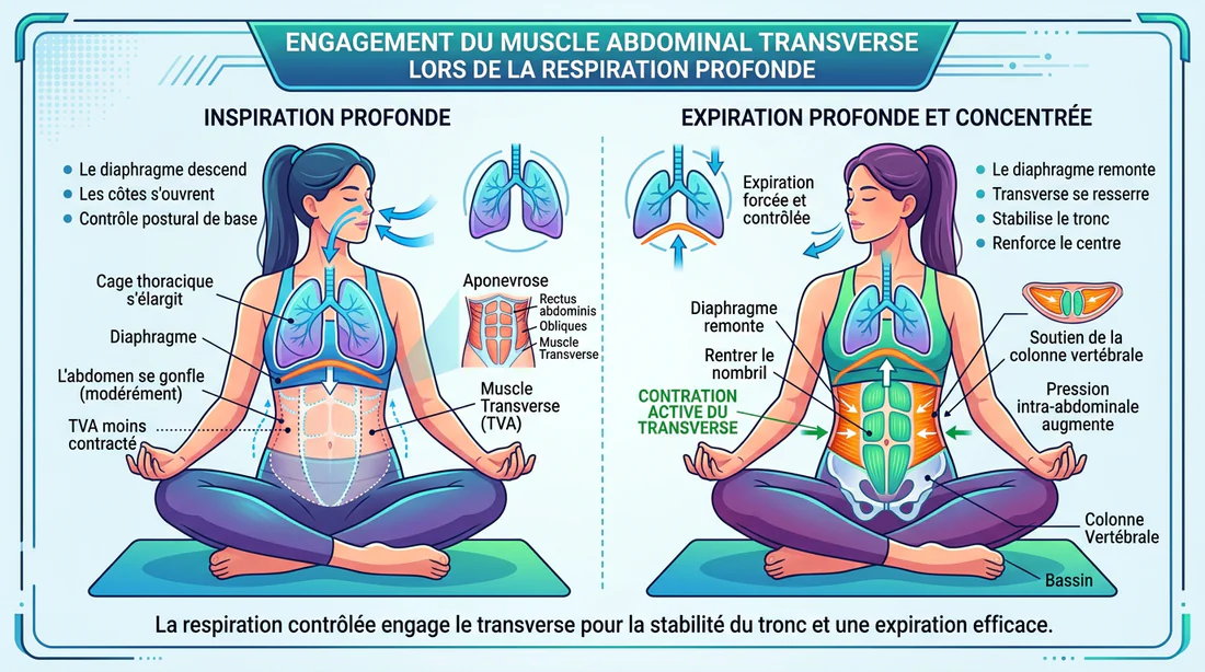 Schéma de l'anatomie abdominale montrant l'engagement du muscle transverse pendant l'expiration