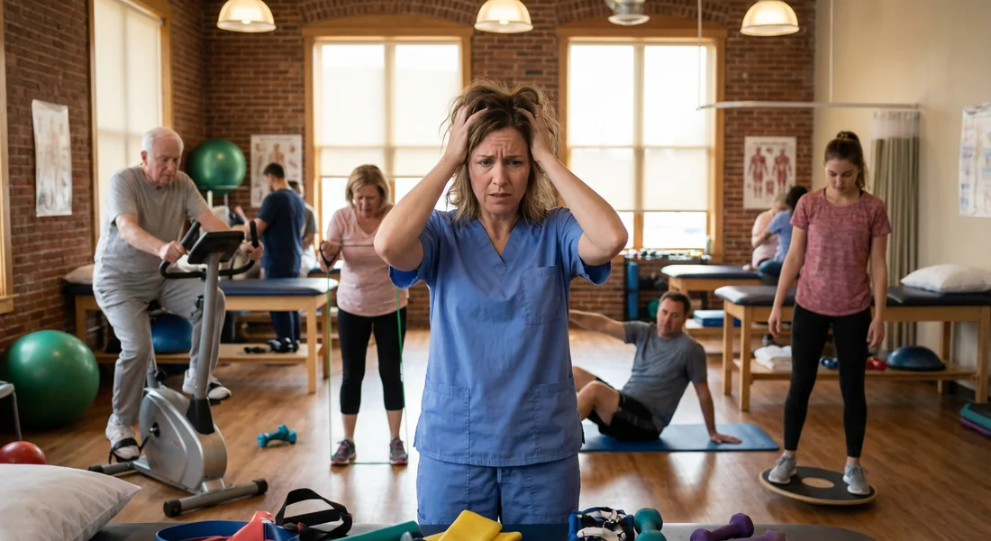 Kinésithérapeute débordé gérant trop de patients simultanément.