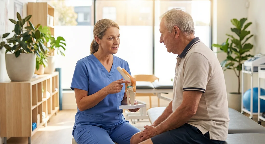 Un bon kinésithérapeute expliquant un diagnostic à son patient.