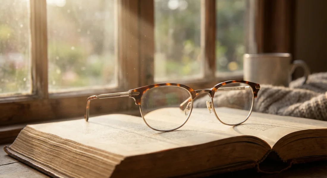Gros plan de lunettes de vue posées sur un livre ouvert.