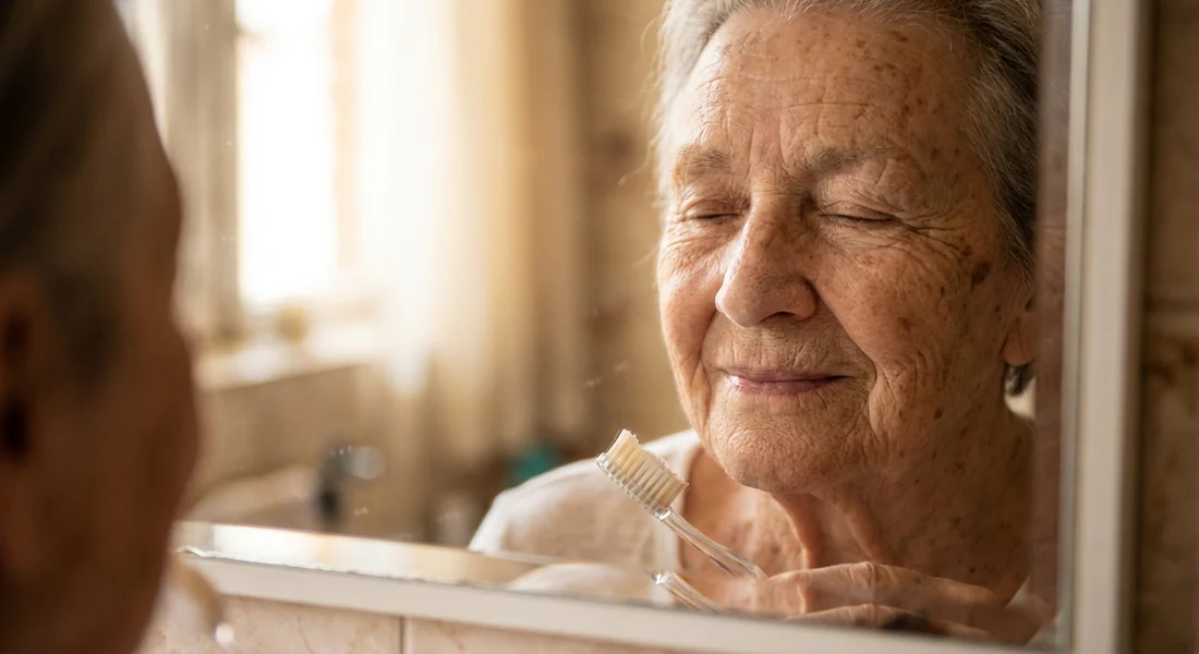 Personne âgée effectuant sa routine d'hygiène buccale avec douceur
