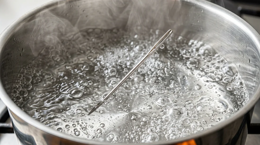 Aiguille plongée dans l'eau bouillante pour la stériliser