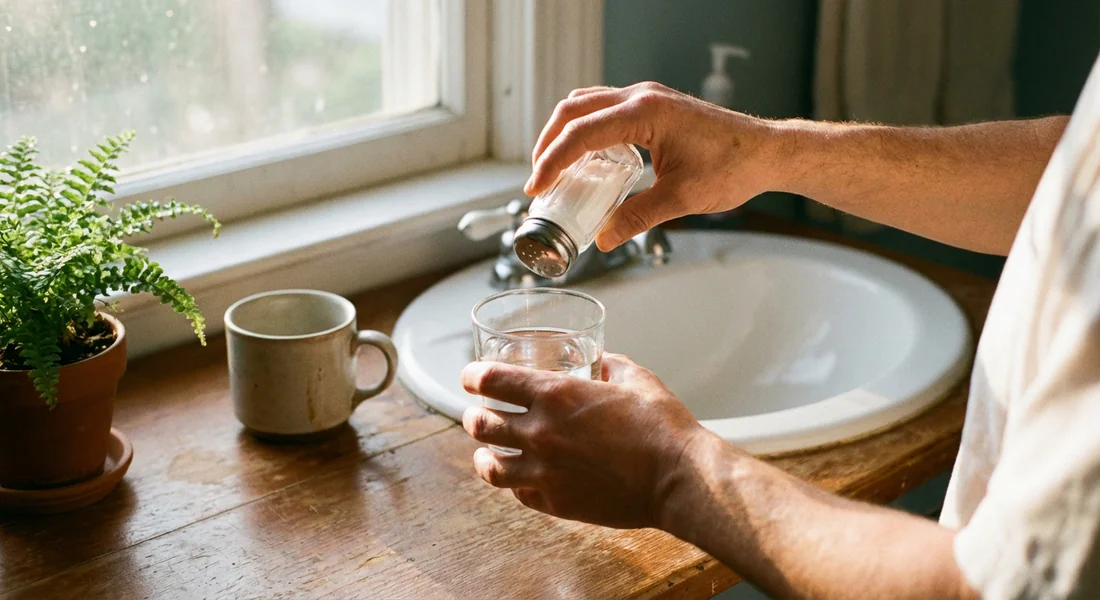 Mains préparant un rinçage à l'eau salée pour nettoyer une dent après la perte du pansement.