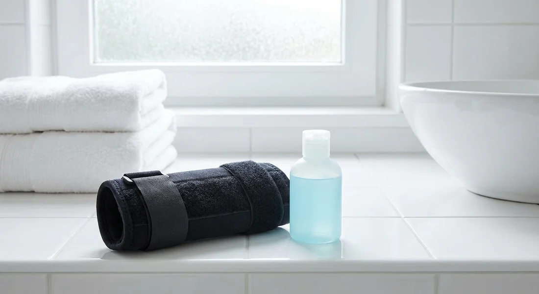 Attelle de poignet propre et savon doux pour l'entretien.