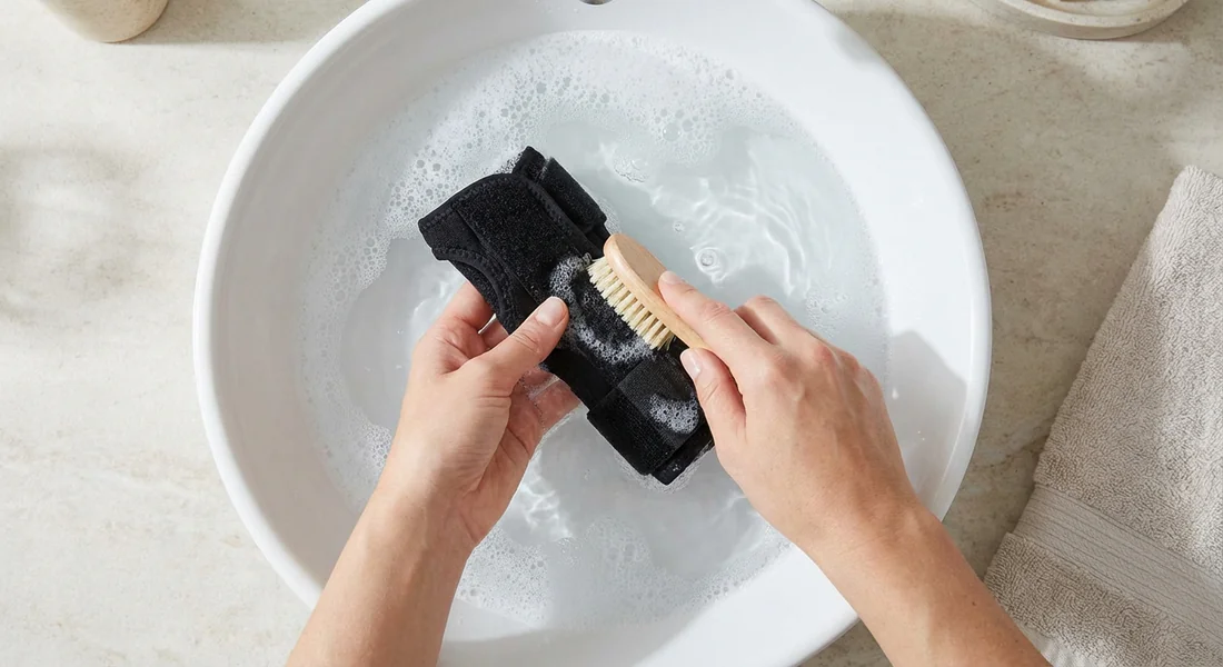 Lavage à la main d'une orthèse de poignet dans une bassine d'eau savonneuse.