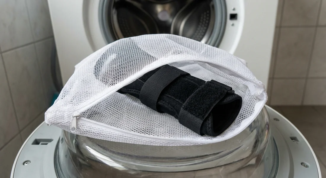 Orthèse de poignet placée dans un filet de lavage protecteur.