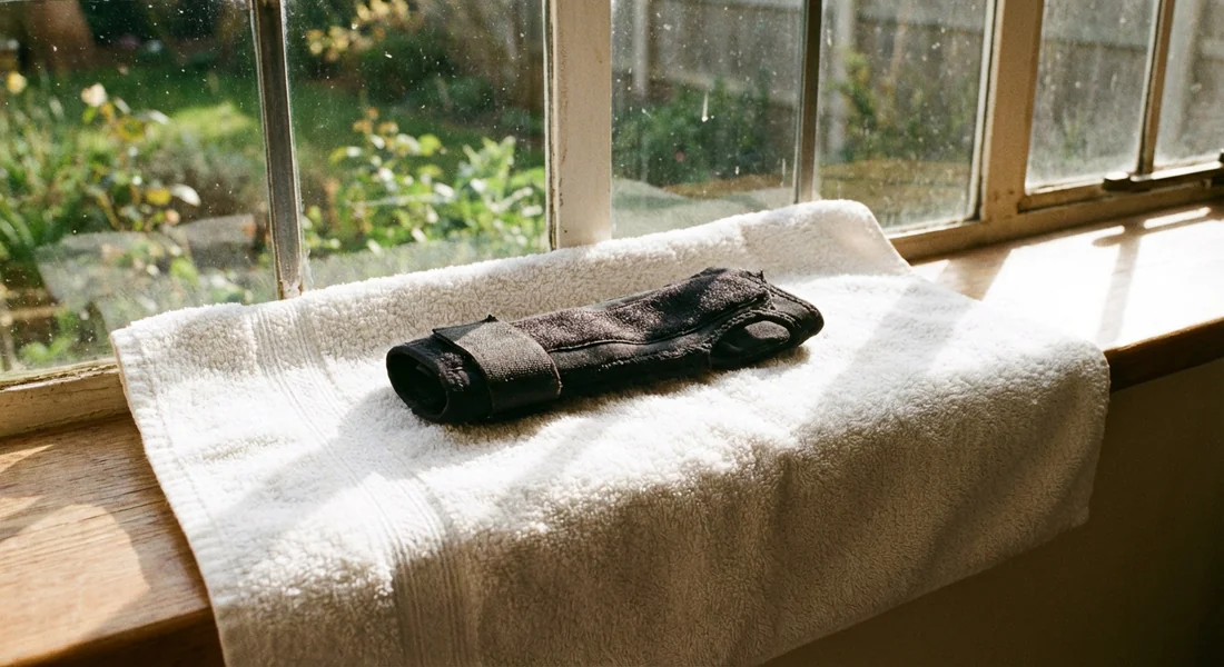 Séchage à plat d'une attelle de poignet sur une serviette propre.