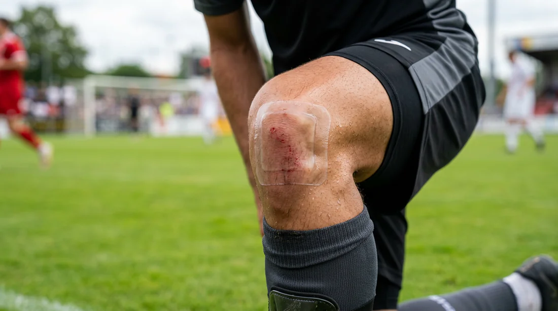Pansement hydrocolloïde appliqué sur un genou après une brûlure au stade