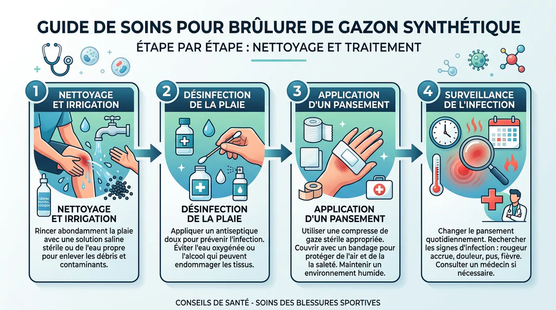 Schéma explicatif pour soigner et nettoyer une brûlure de terrain synthétique