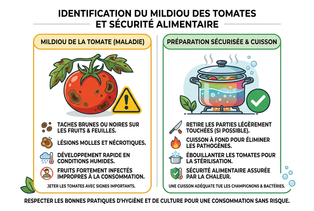 Symptômes du mildiou sur les feuilles et les fruits d'un plant de tomate