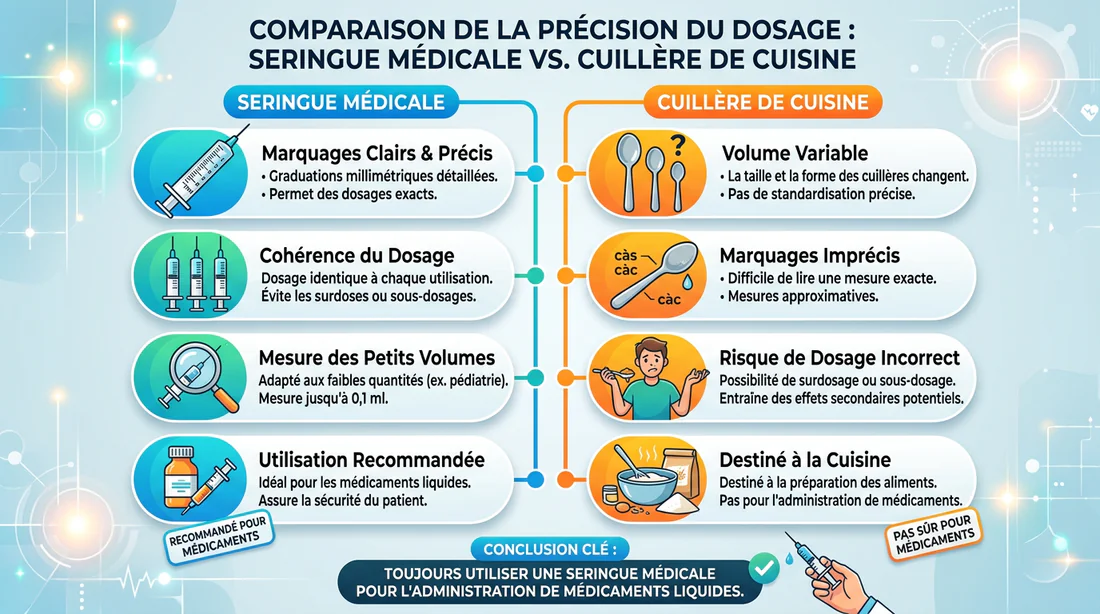 Infographie comparant la précision du dosage entre seringue et cuillère