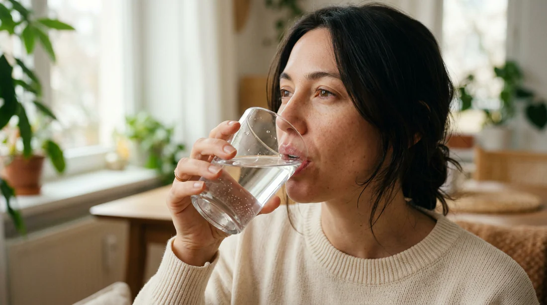Personne s'hydratant avec un verre d'eau le matin