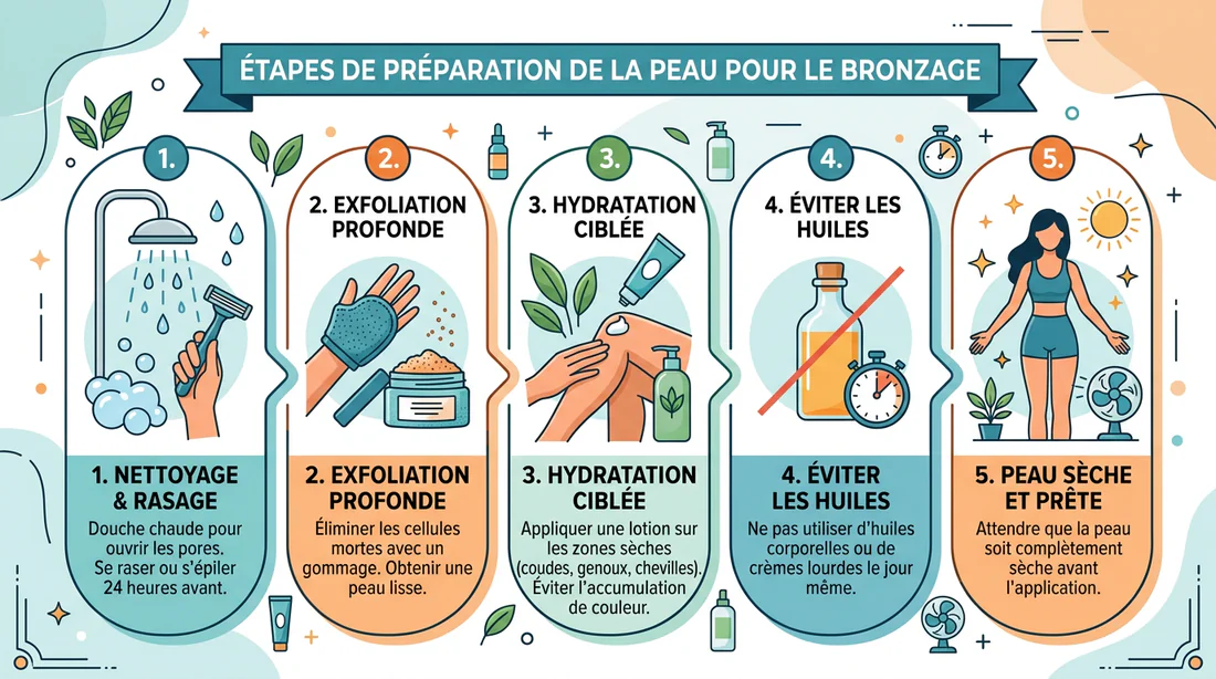 Infographie des étapes de préparation de la peau avant l'autobronzant