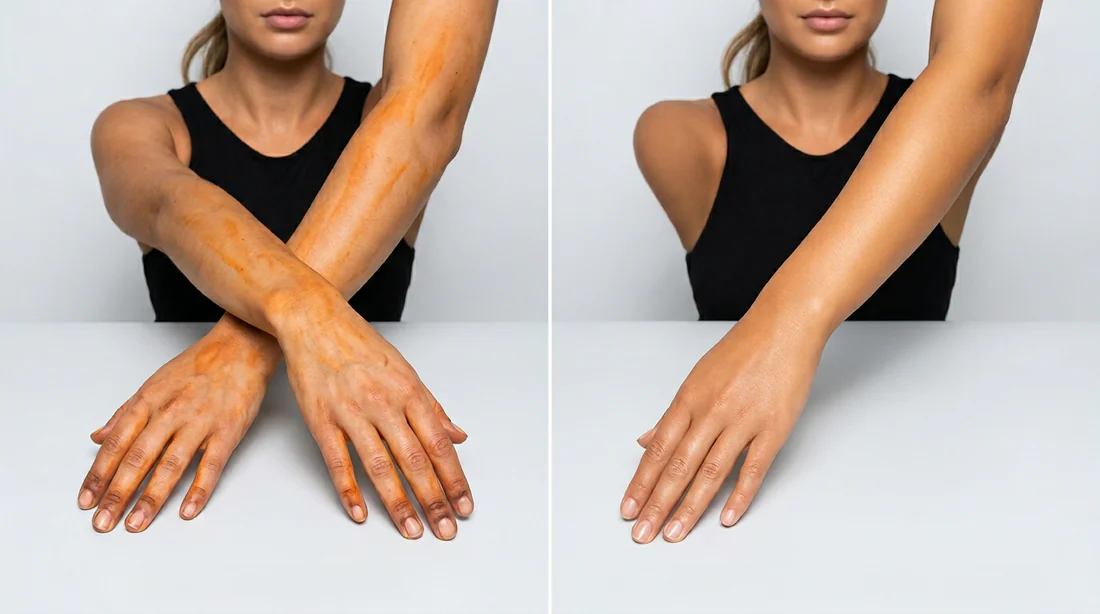 Comparaison avant après application d'autobronzant
