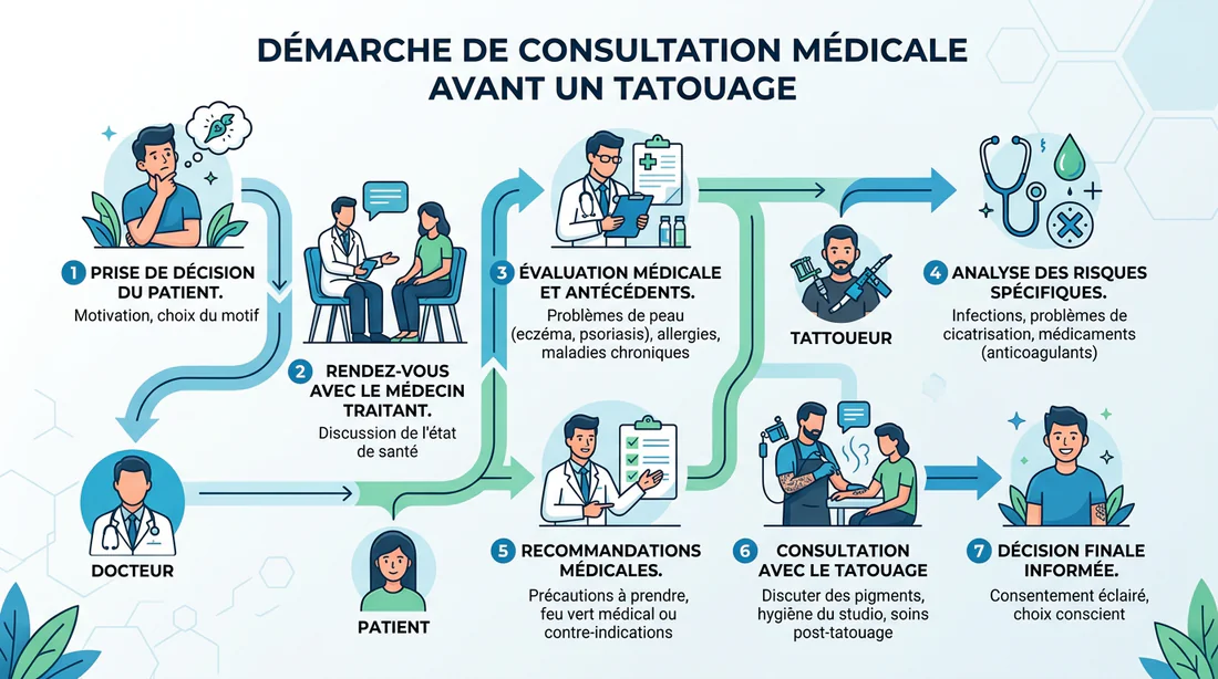 Schéma des étapes de consultation médicale avant un tatouage