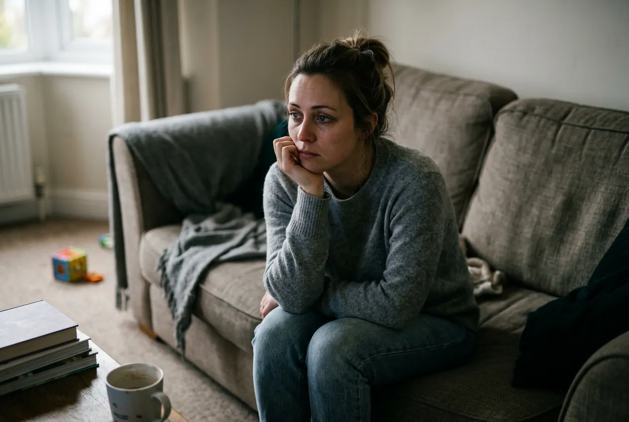 Une mère fatiguée et pensive assise sur son canapé, symbolisant l'épuisement émotionnel lié au rejet de l'enfant.