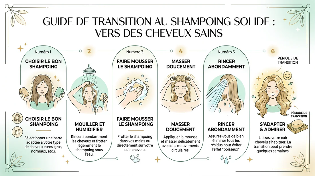 Schéma explicatif des étapes pour passer au shampoing solide