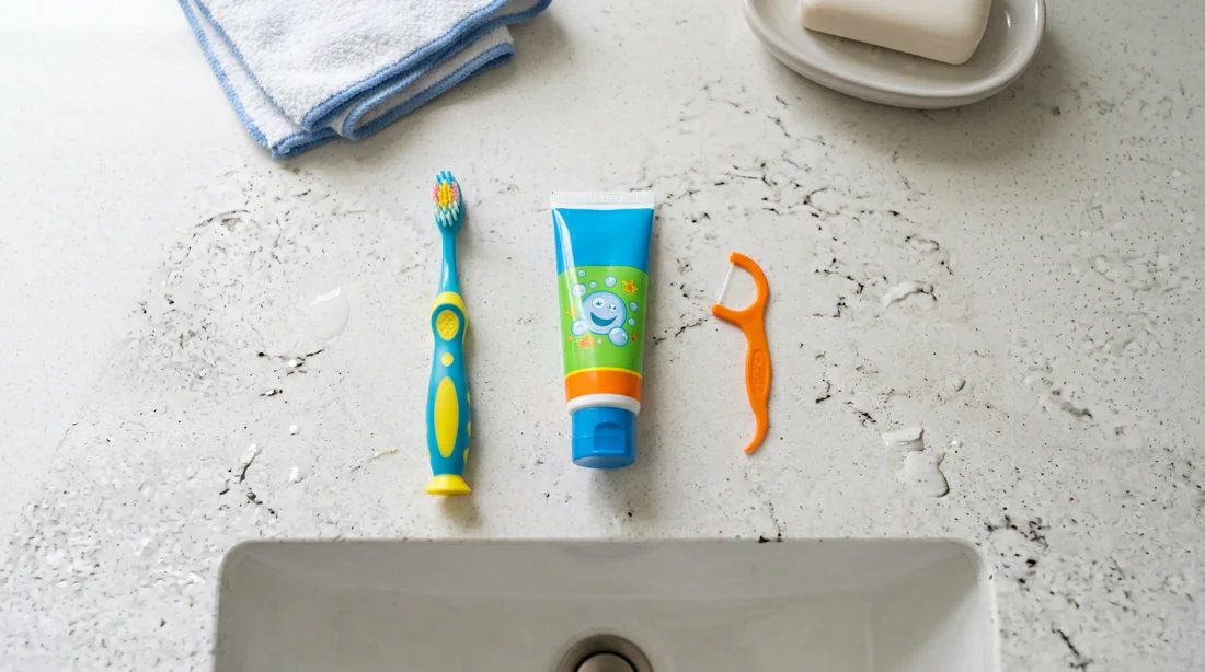 Kit complet de brossage pour enfant posé sur un lavabo
