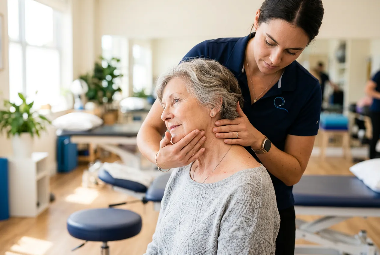Kinésithérapeute guidant un patient lors d'exercices de rééducation cervicale après consolidation.