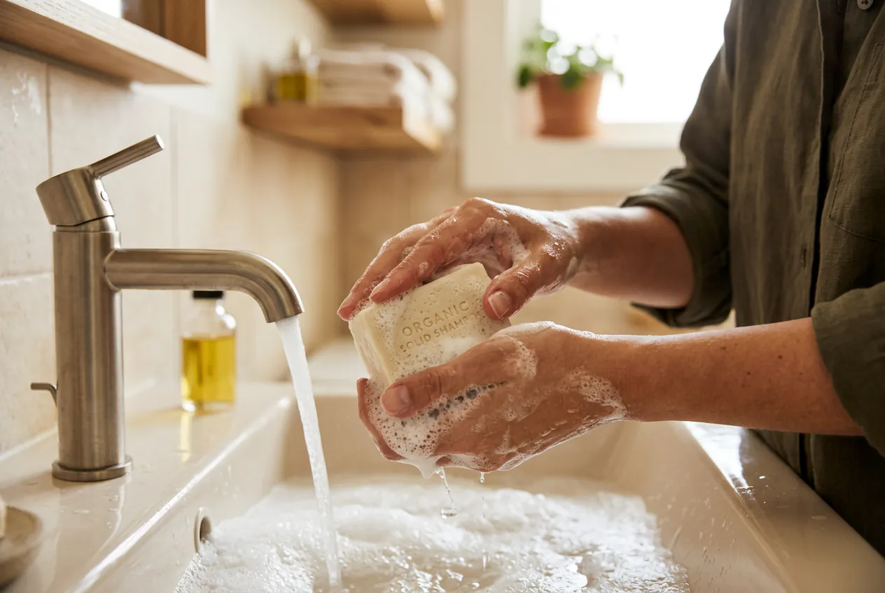 Mains faisant mousser un galet de shampoing solide sous l'eau pour un lavage délicat.